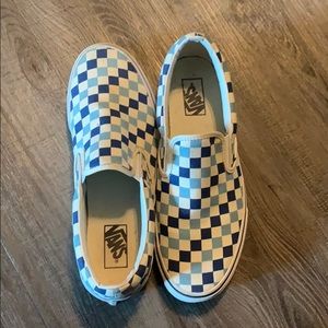 blue checkered slip on vans